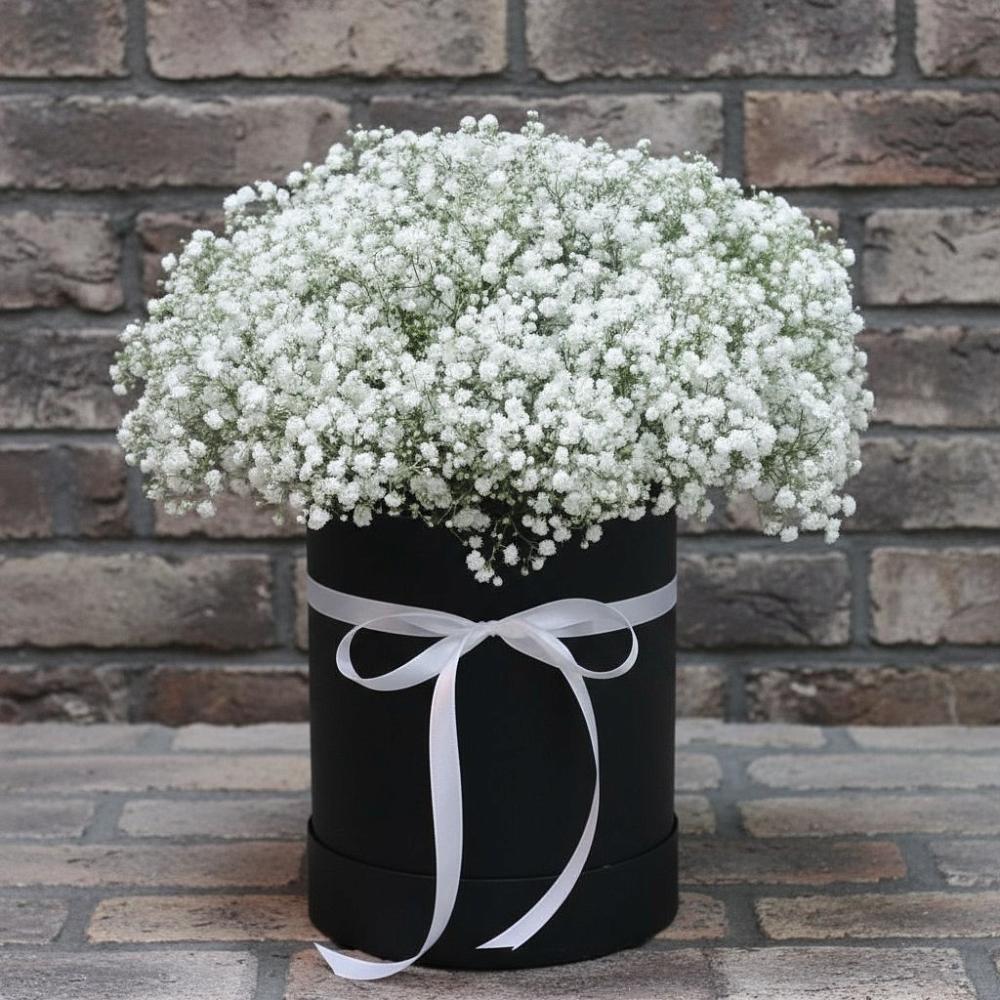 Цветочная композиция из Гипсофила в шляпной коробке в Вейделевке