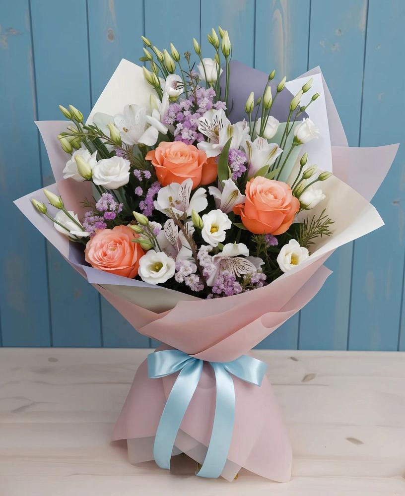 Букет цветов из: Лизиантусы, Розы, Альстромерии и Гипсофила в Вейделевке